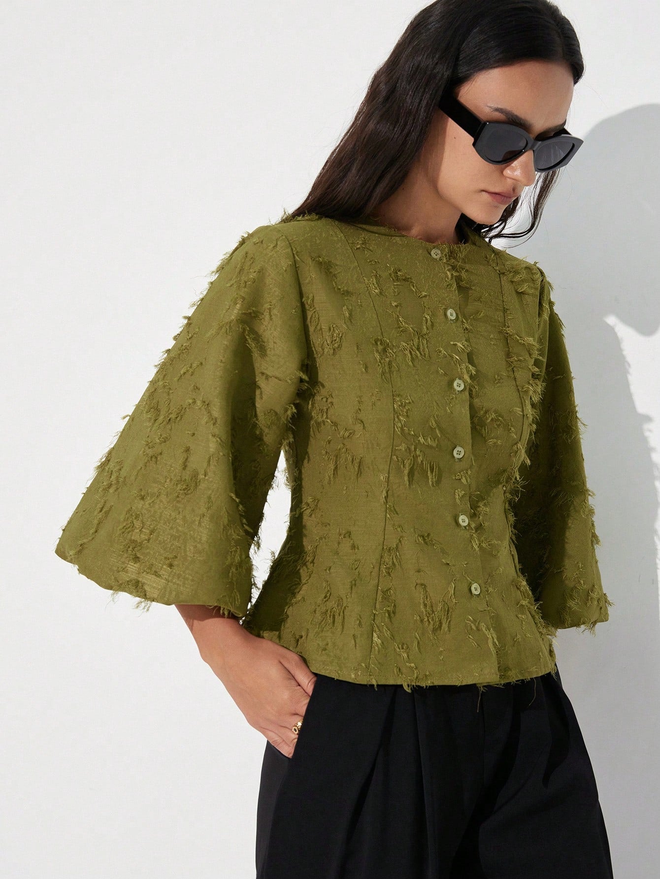 Aveloria Modichic New Tassel Jacquard Lantern Puff Sleeve Decorative Design Elegant Fashion Versatile Waist Cinched Elegant Mid-Sleeve Blouse
