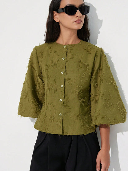 Aveloria Modichic New Tassel Jacquard Lantern Puff Sleeve Decorative Design Elegant Fashion Versatile Waist Cinched Elegant Mid-Sleeve Blouse