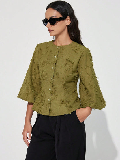Aveloria Modichic New Tassel Jacquard Lantern Puff Sleeve Decorative Design Elegant Fashion Versatile Waist Cinched Elegant Mid-Sleeve Blouse