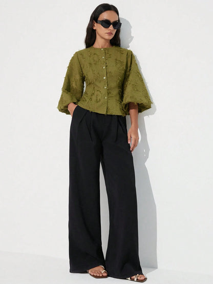 Aveloria Modichic New Tassel Jacquard Lantern Puff Sleeve Decorative Design Elegant Fashion Versatile Waist Cinched Elegant Mid-Sleeve Blouse