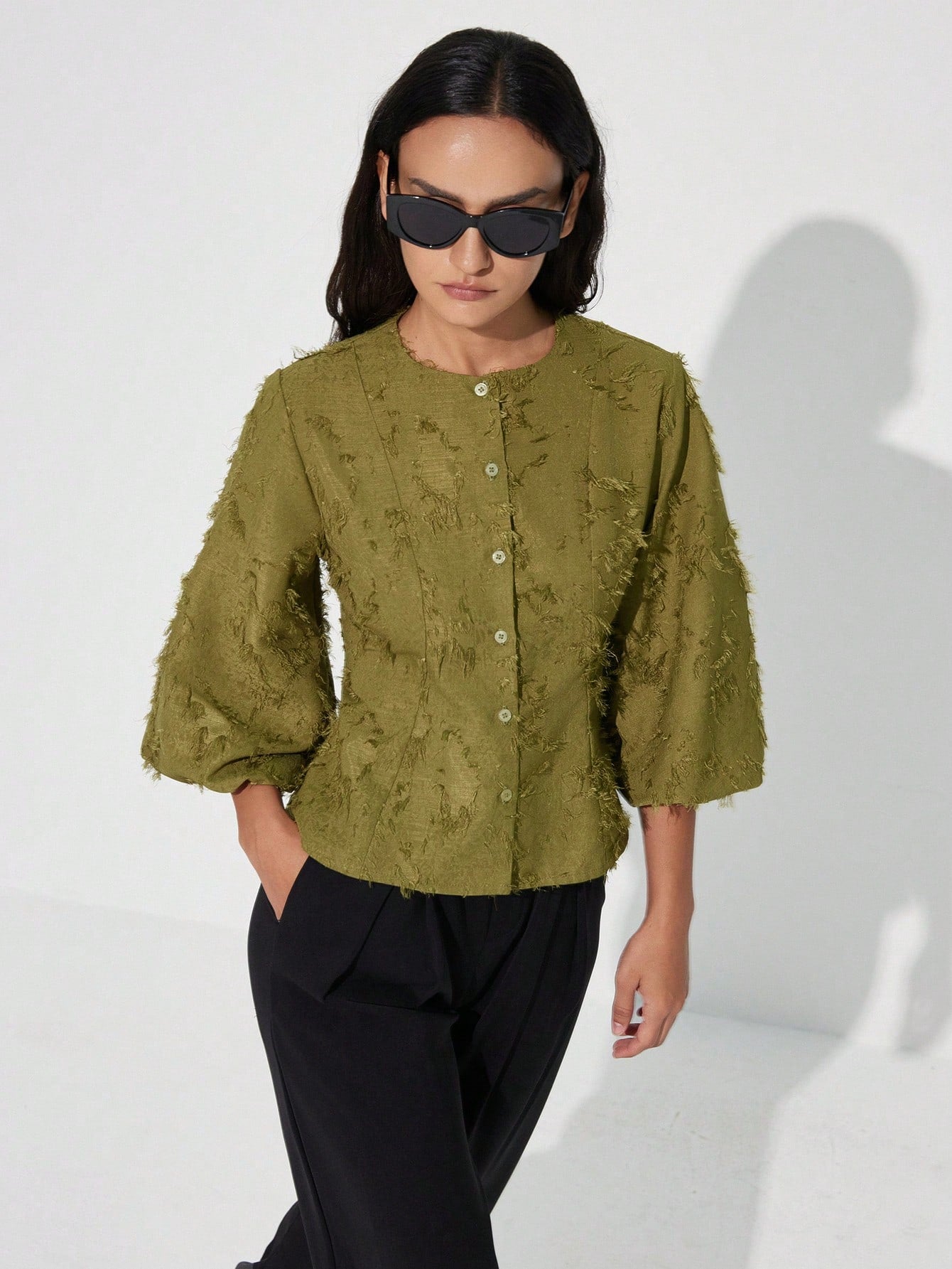 Aveloria Modichic New Tassel Jacquard Lantern Puff Sleeve Decorative Design Elegant Fashion Versatile Waist Cinched Elegant Mid-Sleeve Blouse