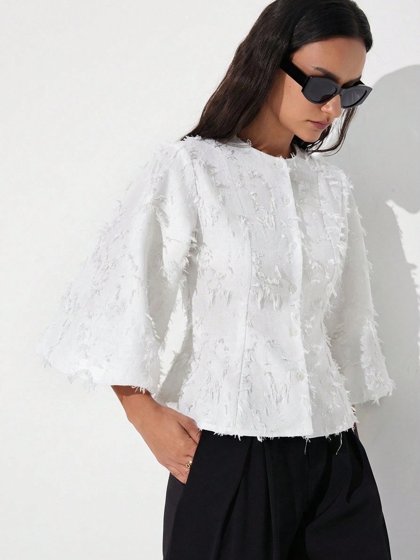 Aveloria Modichic New Tassel Jacquard Lantern Puff Sleeve Decorative Design Elegant Fashion Versatile Waist Cinched Elegant Mid-Sleeve Blouse