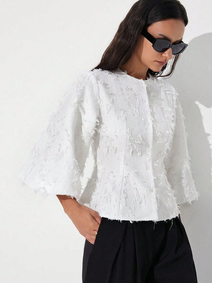 Aveloria Modichic New Tassel Jacquard Lantern Puff Sleeve Decorative Design Elegant Fashion Versatile Waist Cinched Elegant Mid-Sleeve Blouse