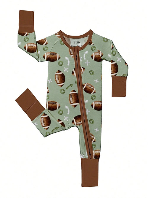 Baby Bamboo Fiber Zip-Up, Rugby Football Print Romper, All-Season Knit Fabric Skinny Fit With Zipper Detail, Baby Girl Boy Spring Winter Autumn Clothes, Perfect For Outdoor Christmas Gift.