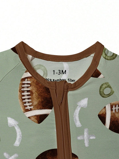 Baby Bamboo Fiber Zip-Up, Rugby Football Print Romper, All-Season Knit Fabric Skinny Fit With Zipper Detail, Baby Girl Boy Spring Winter Autumn Clothes, Perfect For Outdoor Christmas Gift.