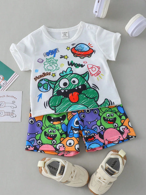 Baby Boy And Toddler Boys Cute Cartoon Monster Print Short Sleeve T-Shirt All-Over Shorts Set  Suitable For Daily Wear  Playtime  Outdoor  Summer