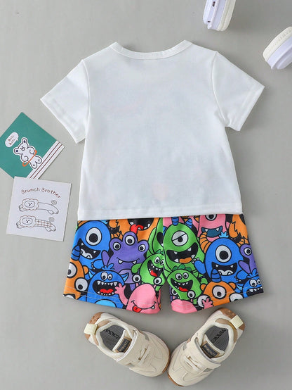 Baby Boy And Toddler Boys Cute Cartoon Monster Print Short Sleeve T-Shirt All-Over Shorts Set  Suitable For Daily Wear  Playtime  Outdoor  Summer