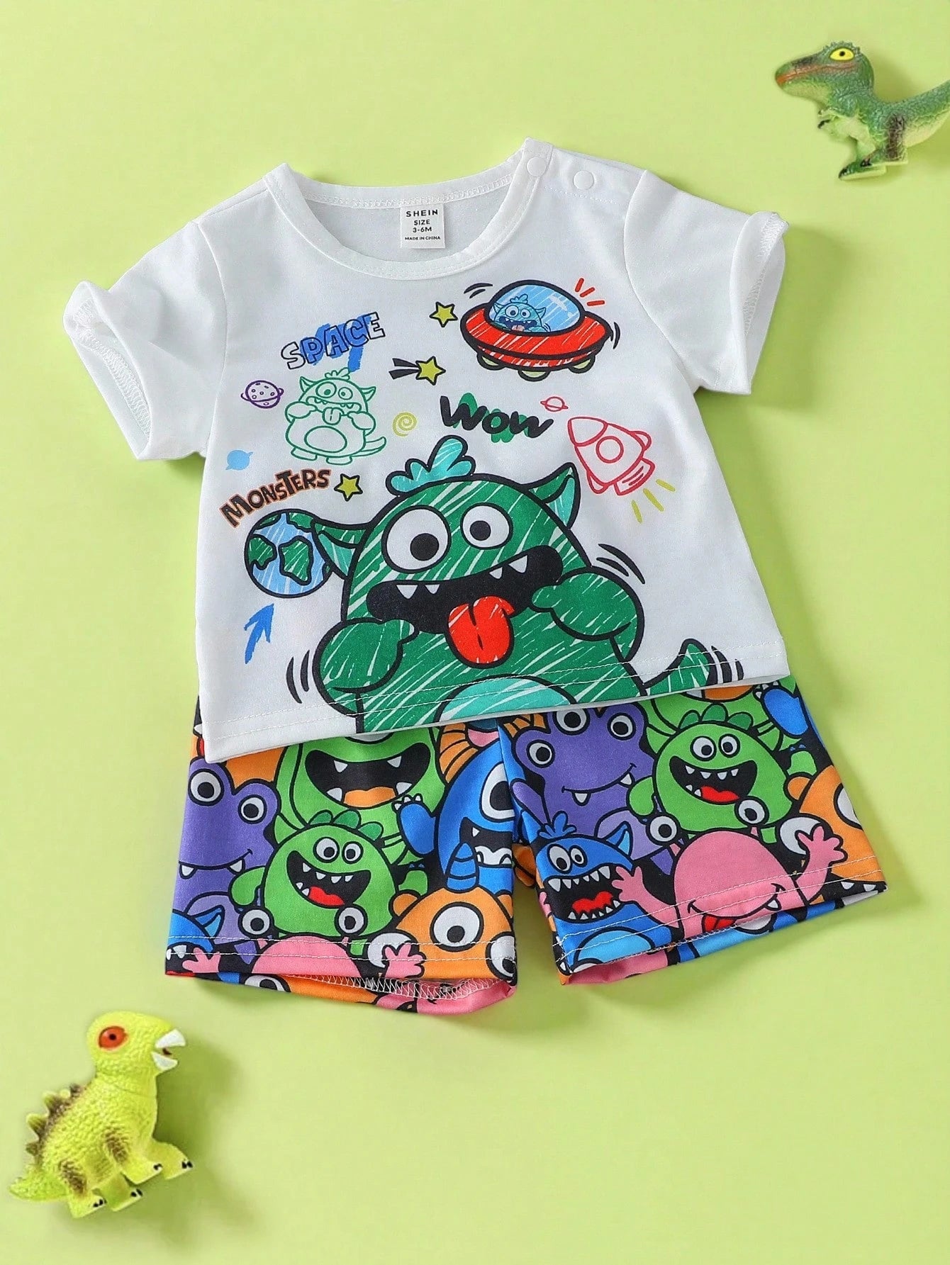 Baby Boy And Toddler Boys Cute Cartoon Monster Print Short Sleeve T-Shirt All-Over Shorts Set  Suitable For Daily Wear  Playtime  Outdoor  Summer