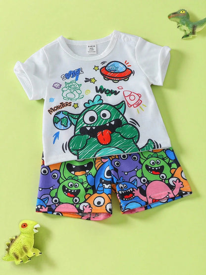 Baby Boy And Toddler Boys Cute Cartoon Monster Print Short Sleeve T-Shirt All-Over Shorts Set  Suitable For Daily Wear  Playtime  Outdoor  Summer