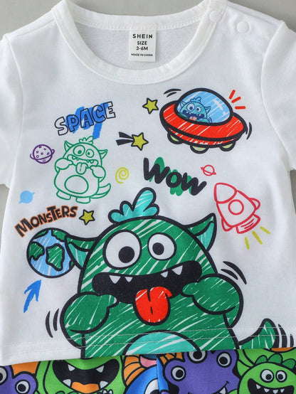 Baby Boy And Toddler Boys Cute Cartoon Monster Print Short Sleeve T-Shirt All-Over Shorts Set  Suitable For Daily Wear  Playtime  Outdoor  Summer