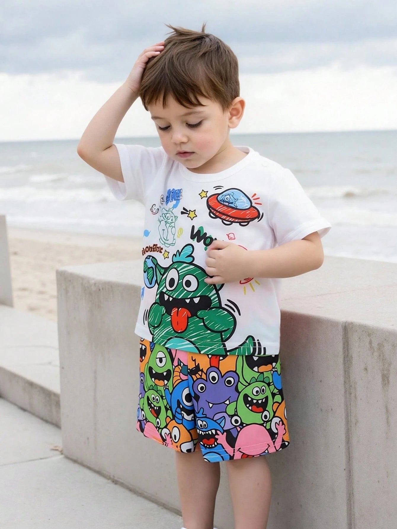 Baby Boy And Toddler Boys Cute Cartoon Monster Print Short Sleeve T-Shirt All-Over Shorts Set  Suitable For Daily Wear  Playtime  Outdoor  Summer