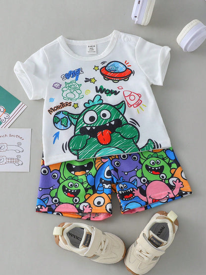 Baby Boy And Toddler Boys Cute Cartoon Monster Print Short Sleeve T-Shirt All-Over Shorts Set  Suitable For Daily Wear  Playtime  Outdoor  Summer