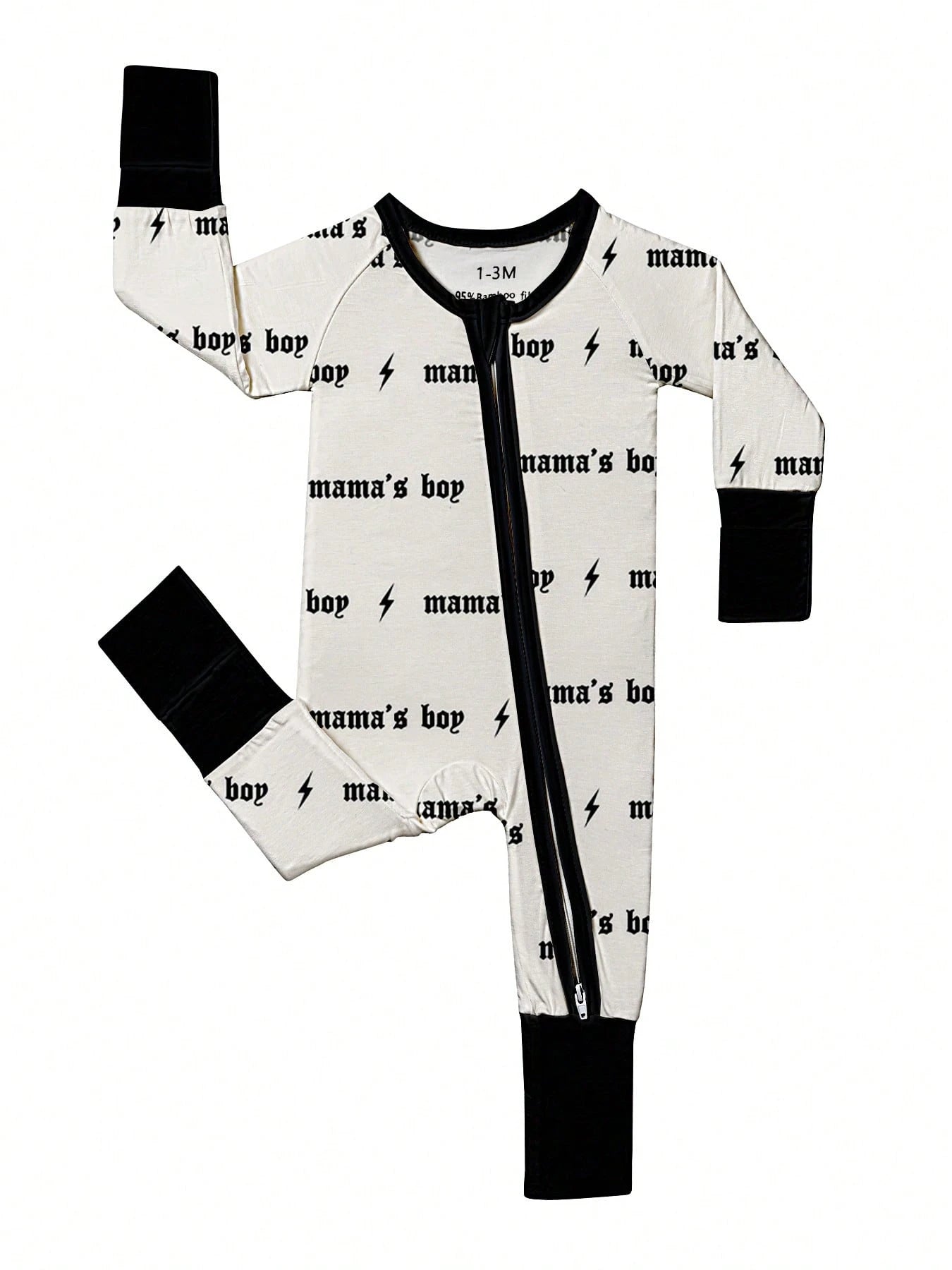 Baby Boy Bamboo Fiber Zip-Up, Mama's Boy Print Romper, All-Season Knit Fabric Skinny Fit With Zipper Detail, Boy Baby Clothes, Perfect For Outdoor