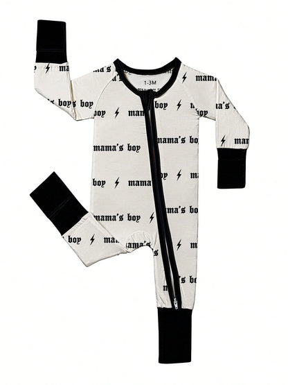 Baby Boy Bamboo Fiber Zip-Up, Mama's Boy Print Romper, All-Season Knit Fabric Skinny Fit With Zipper Detail, Boy Baby Clothes, Perfect For Outdoor
