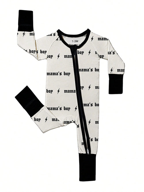 Baby Boy Bamboo Fiber Zip-Up, Mama's Boy Print Romper, All-Season Knit Fabric Skinny Fit With Zipper Detail, Boy Baby Clothes, Perfect For Outdoor