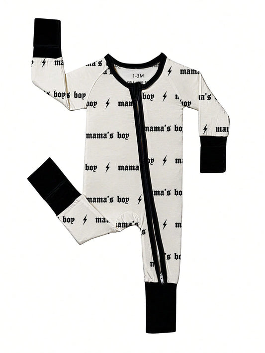 Baby Boy Bamboo Fiber Zip-Up, Mama's Boy Print Romper, All-Season Knit Fabric Skinny Fit With Zipper Detail, Boy Baby Clothes, Perfect For Outdoor