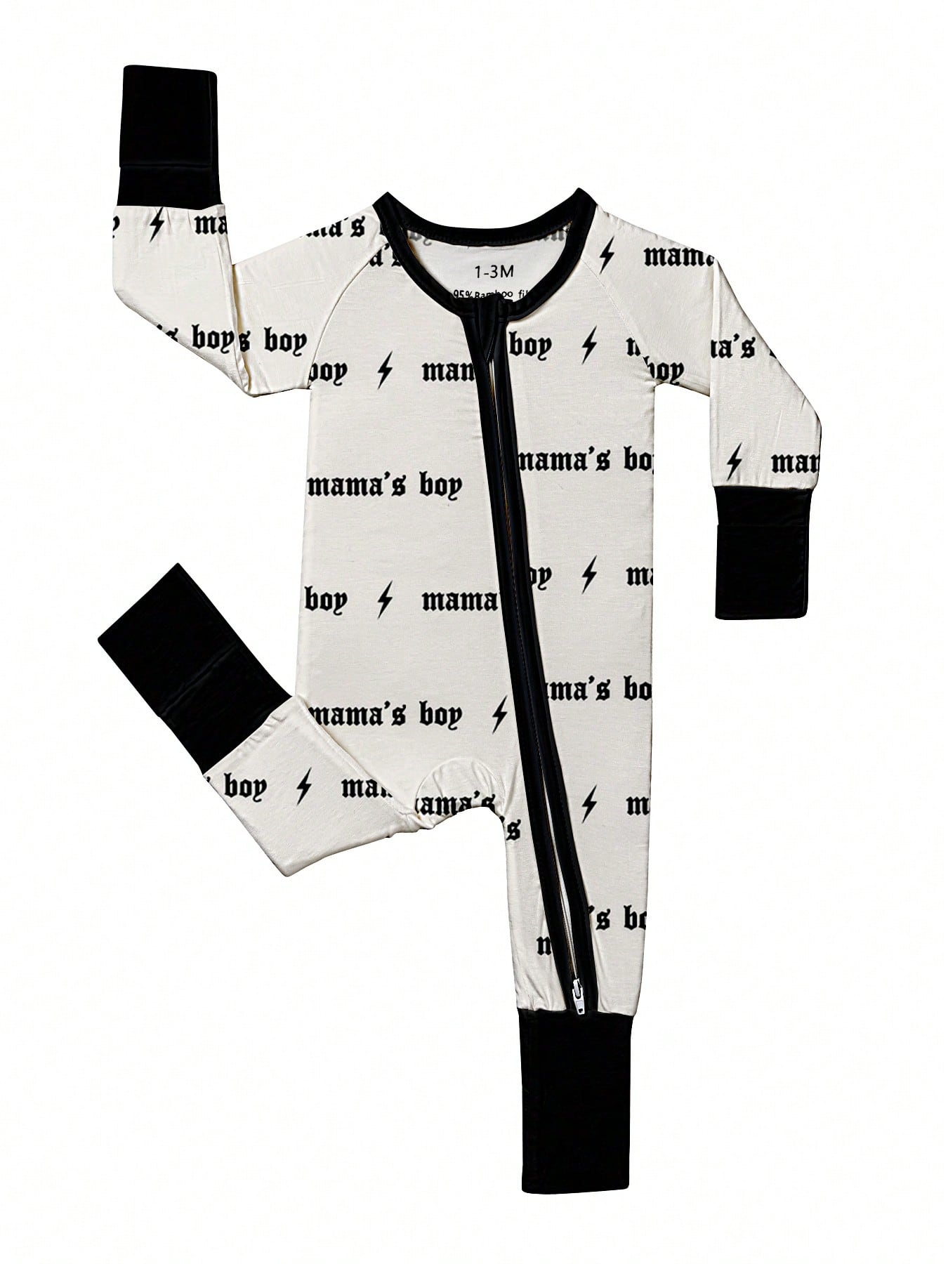 Baby Boy Bamboo Fiber Zip-Up, Mama's Boy Print Romper, All-Season Knit Fabric Skinny Fit With Zipper Detail, Boy Baby Clothes, Perfect For Outdoor