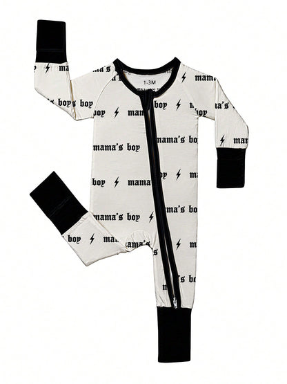 Baby Boy Bamboo Fiber Zip-Up, Mama's Boy Print Romper, All-Season Knit Fabric Skinny Fit With Zipper Detail, Boy Baby Clothes, Perfect For Outdoor