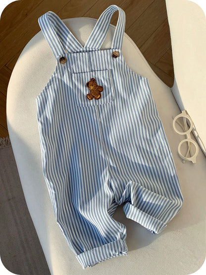 Baby Boy Casual Cute Versatile Striped Cartoon Bear Pattern Bib Jumpsuit Baby Boy Overall Set