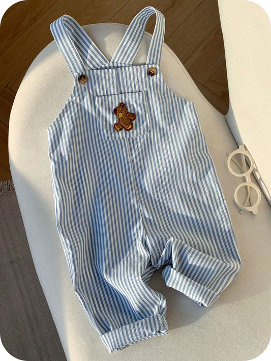 Baby Boy Casual Cute Versatile Striped Cartoon Bear Pattern Bib Jumpsuit Baby Boy Overall Set