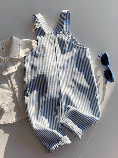 Baby Boy Casual Cute Versatile Striped Cartoon Bear Pattern Bib Jumpsuit Baby Boy Overall Set