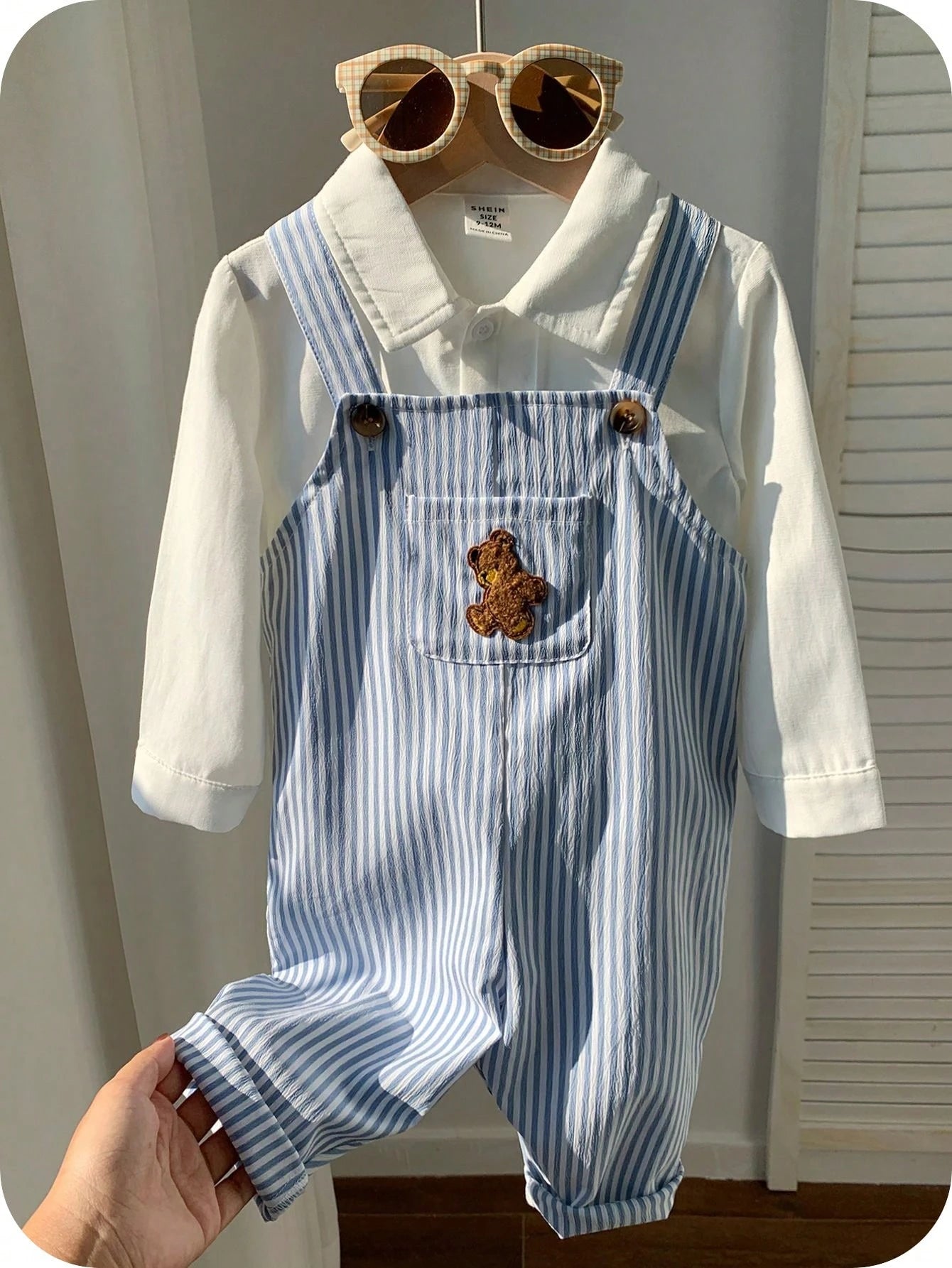 Baby Boy Casual Cute Versatile Striped Cartoon Bear Pattern Bib Jumpsuit Baby Boy Overall Set