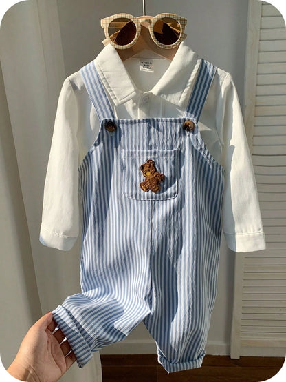 Baby Boy Casual Cute Versatile Striped Cartoon Bear Pattern Bib Jumpsuit Baby Boy Overall Set