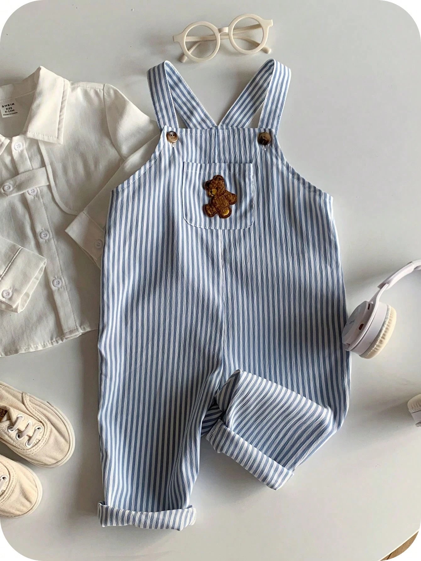 Baby Boy Casual Cute Versatile Striped Cartoon Bear Pattern Bib Jumpsuit Baby Boy Overall Set