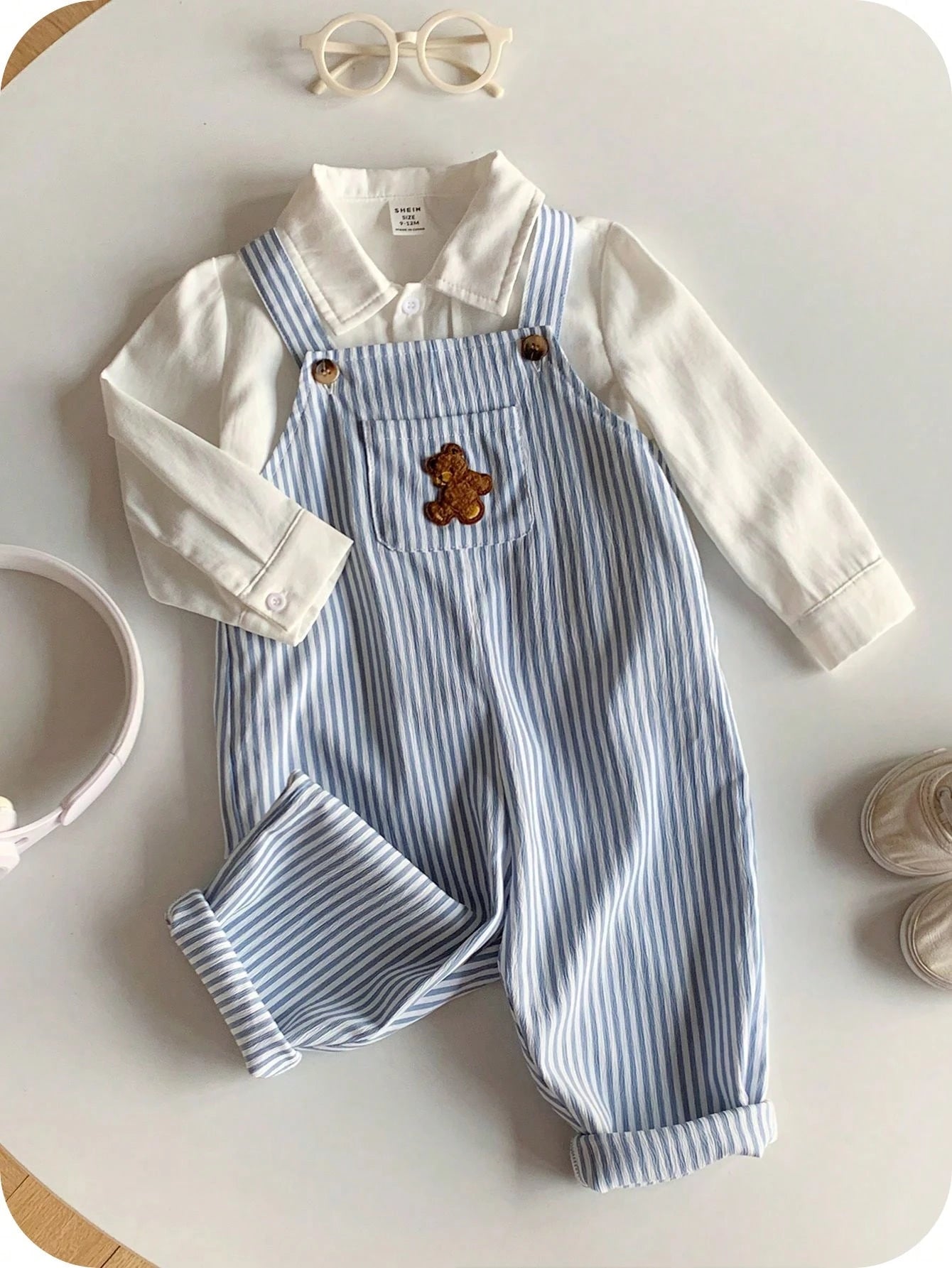 Baby Boy Casual Cute Versatile Striped Cartoon Bear Pattern Bib Jumpsuit Baby Boy Overall Set