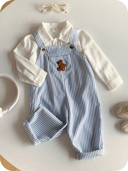 Baby Boy Casual Cute Versatile Striped Cartoon Bear Pattern Bib Jumpsuit Baby Boy Overall Set