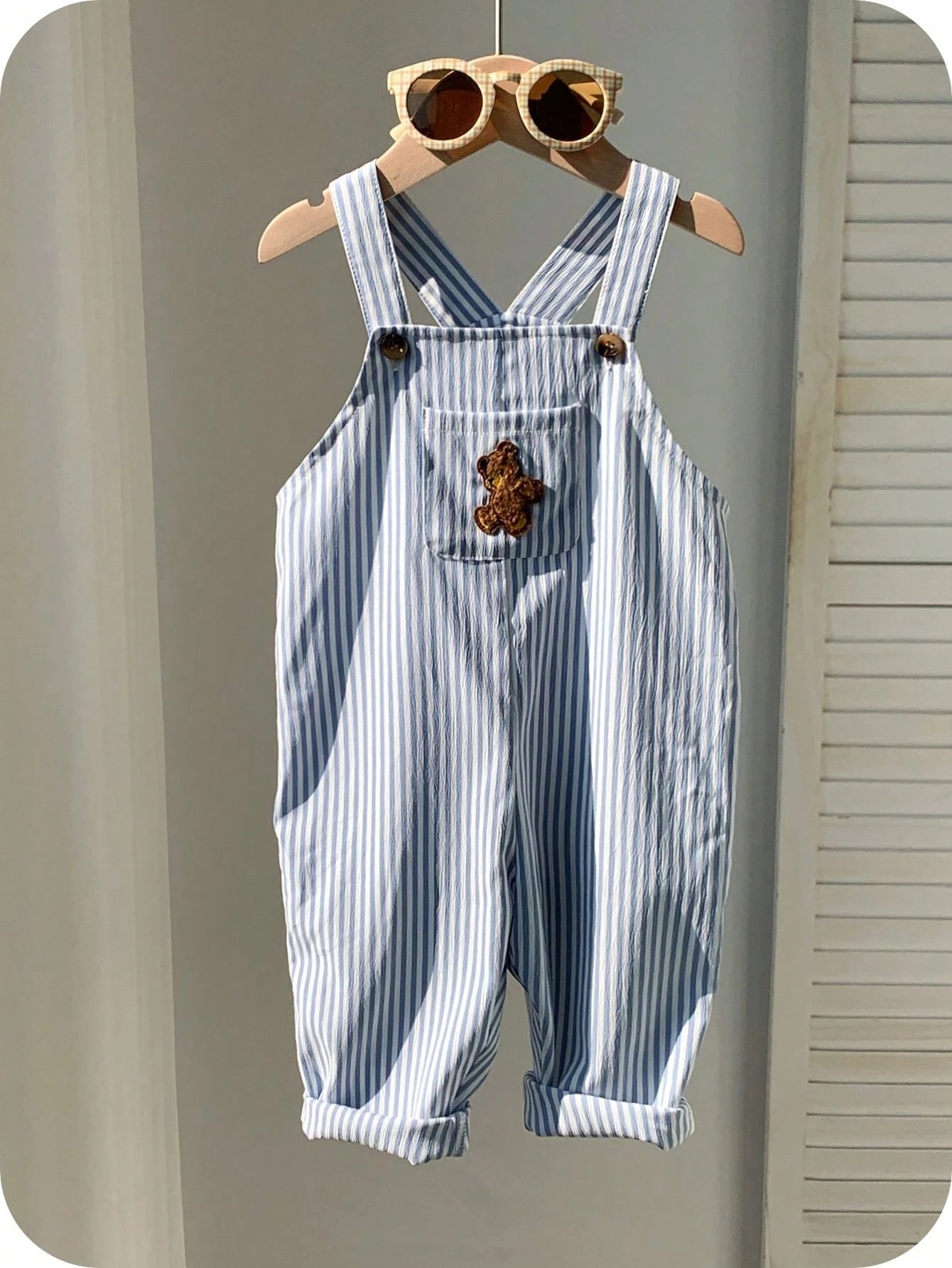 Baby Boy Casual Cute Versatile Striped Cartoon Bear Pattern Bib Jumpsuit Baby Boy Overall Set