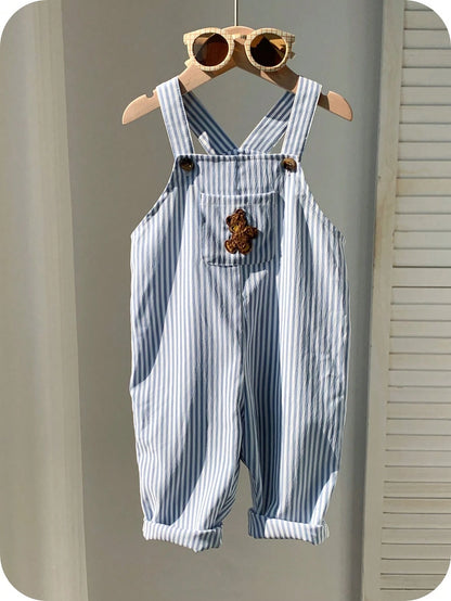 Baby Boy Casual Cute Versatile Striped Cartoon Bear Pattern Bib Jumpsuit Baby Boy Overall Set