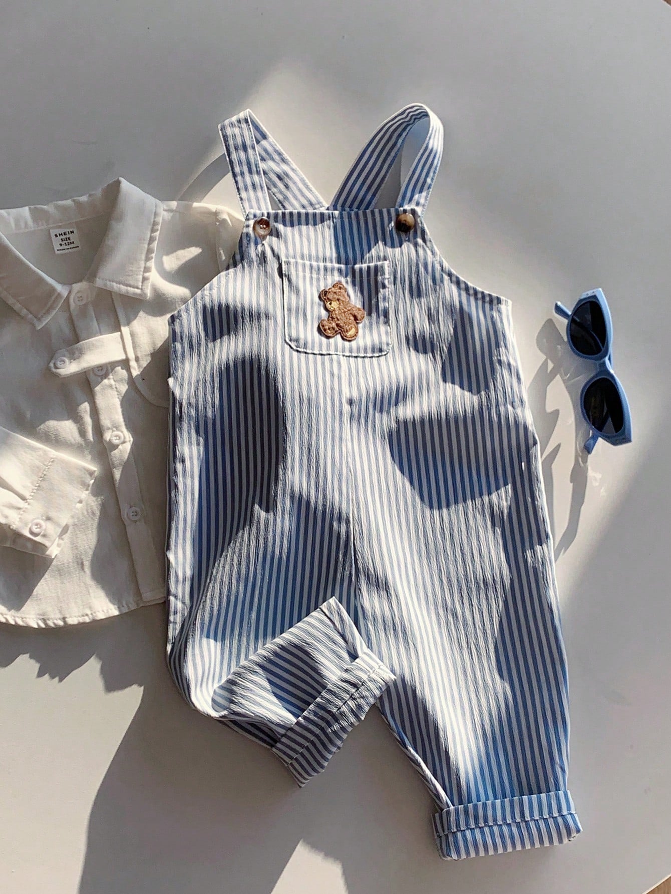 Baby Boy Casual Cute Versatile Striped Cartoon Bear Pattern Bib Jumpsuit Baby Boy Overall Set