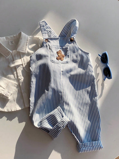 Baby Boy Casual Cute Versatile Striped Cartoon Bear Pattern Bib Jumpsuit Baby Boy Overall Set
