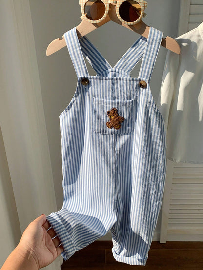 Baby Boy Casual Cute Versatile Striped Cartoon Bear Pattern Bib Jumpsuit Baby Boy Overall Set