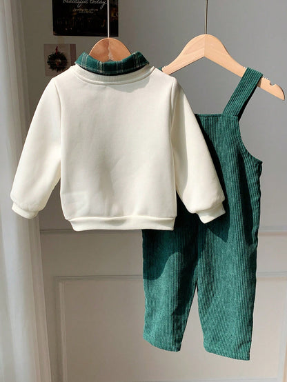 Baby Boy Fall And Winter Clothes Outfit Set, 2pcs/Set Thermal Lined Thickened Apricot Sweatshirt Knit Top And Green Corduroy Plaid Overalls Jumpsuit Set, Comfortable Versatile Fashionable Daily