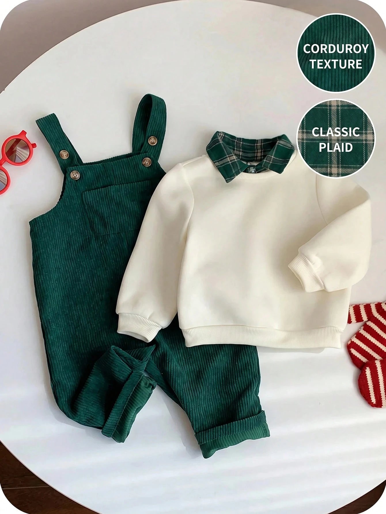 Baby Boy Fall And Winter Clothes Outfit Set, 2pcs/Set Thermal Lined Thickened Apricot Sweatshirt Knit Top And Green Corduroy Plaid Overalls Jumpsuit Set, Comfortable Versatile Fashionable Daily