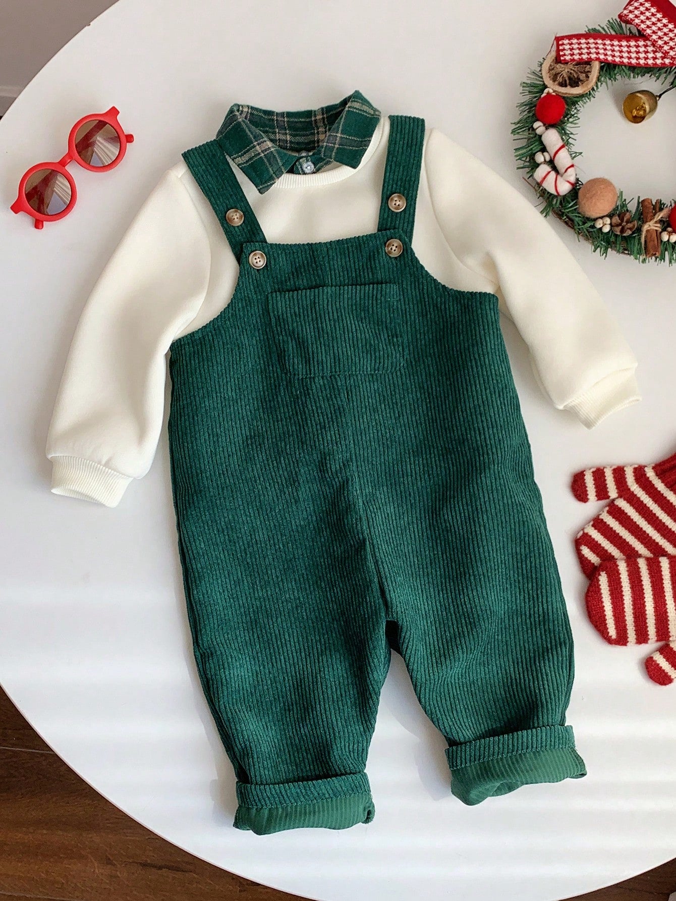 Baby Boy Fall And Winter Clothes Outfit Set, 2pcs/Set Thermal Lined Thickened Apricot Sweatshirt Knit Top And Green Corduroy Plaid Overalls Jumpsuit Set, Comfortable Versatile Fashionable Daily