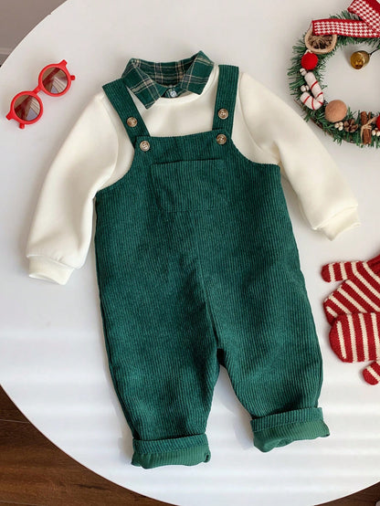 Baby Boy Fall And Winter Clothes Outfit Set, 2pcs/Set Thermal Lined Thickened Apricot Sweatshirt Knit Top And Green Corduroy Plaid Overalls Jumpsuit Set, Comfortable Versatile Fashionable Daily