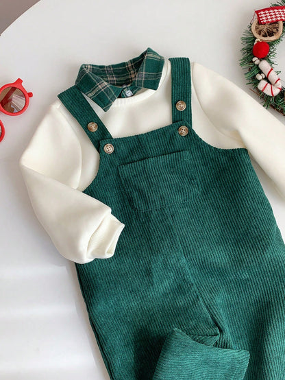 Baby Boy Fall And Winter Clothes Outfit Set, 2pcs/Set Thermal Lined Thickened Apricot Sweatshirt Knit Top And Green Corduroy Plaid Overalls Jumpsuit Set, Comfortable Versatile Fashionable Daily