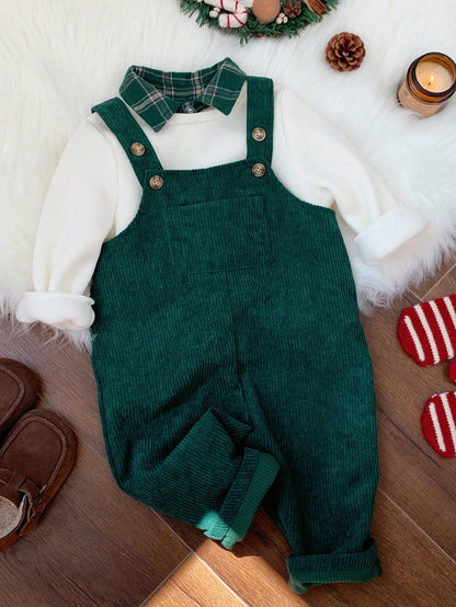 Baby Boy Fall And Winter Clothes Outfit Set, 2pcs/Set Thermal Lined Thickened Apricot Sweatshirt Knit Top And Green Corduroy Plaid Overalls Jumpsuit Set, Comfortable Versatile Fashionable Daily