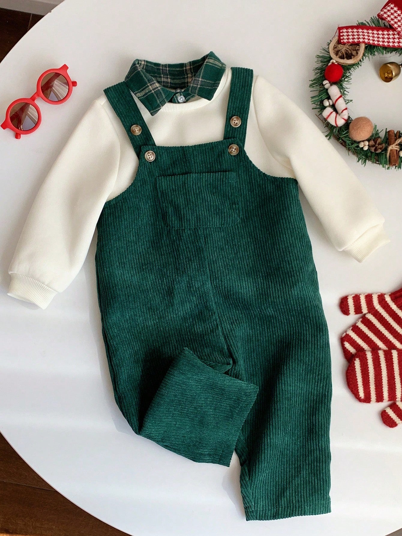 Baby Boy Fall And Winter Clothes Outfit Set, 2pcs/Set Thermal Lined Thickened Apricot Sweatshirt Knit Top And Green Corduroy Plaid Overalls Jumpsuit Set, Comfortable Versatile Fashionable Daily