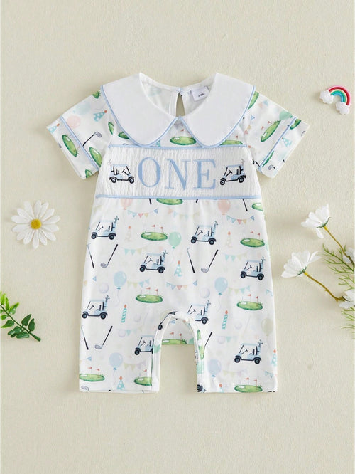 Baby Boy Golf First Birthday Outfit Short Sleeve Doll Collared Smocked Romper One Embroidery 1st Birthday Jumpsuit