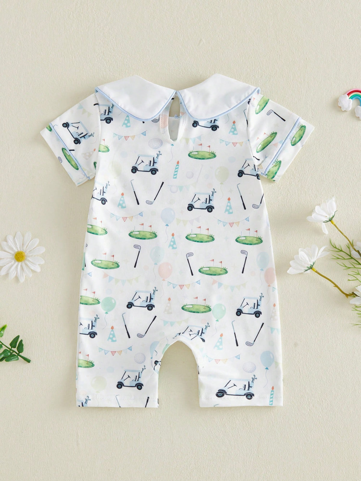 Baby Boy Golf First Birthday Outfit Short Sleeve Doll Collared Smocked Romper One Embroidery 1st Birthday Jumpsuit