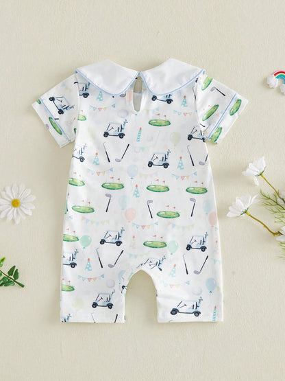 Baby Boy Golf First Birthday Outfit Short Sleeve Doll Collared Smocked Romper One Embroidery 1st Birthday Jumpsuit