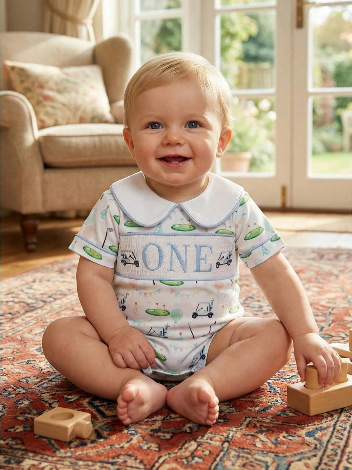 Baby Boy Golf First Birthday Outfit Short Sleeve Doll Collared Smocked Romper One Embroidery 1st Birthday Jumpsuit