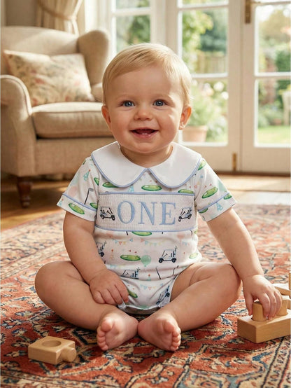 Baby Boy Golf First Birthday Outfit Short Sleeve Doll Collared Smocked Romper One Embroidery 1st Birthday Jumpsuit