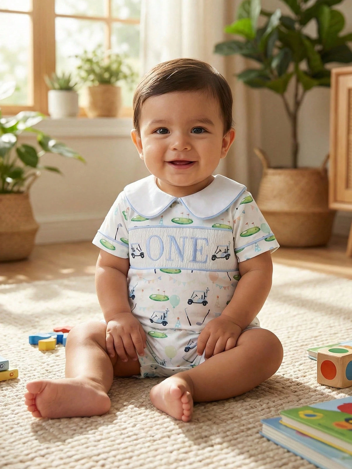 Baby Boy Golf First Birthday Outfit Short Sleeve Doll Collared Smocked Romper One Embroidery 1st Birthday Jumpsuit