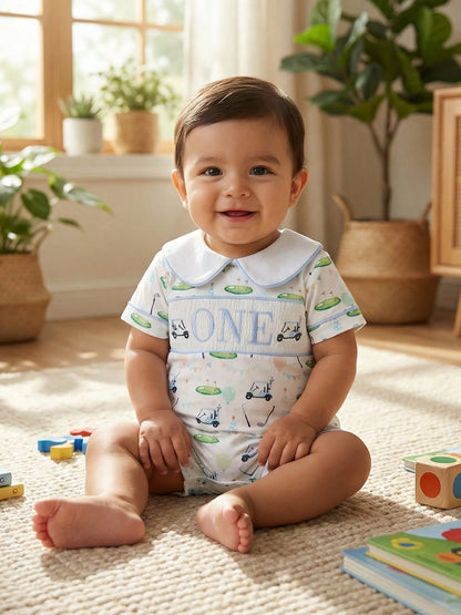 Baby Boy Golf First Birthday Outfit Short Sleeve Doll Collared Smocked Romper One Embroidery 1st Birthday Jumpsuit