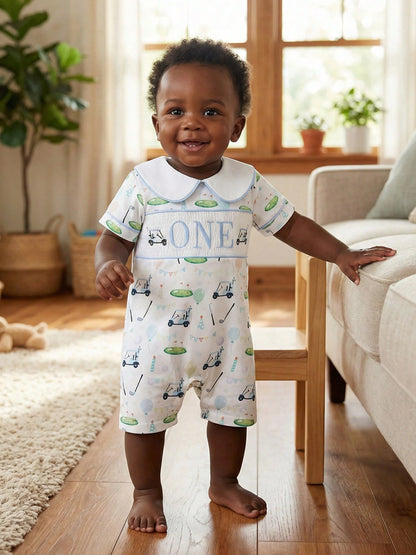 Baby Boy Golf First Birthday Outfit Short Sleeve Doll Collared Smocked Romper One Embroidery 1st Birthday Jumpsuit